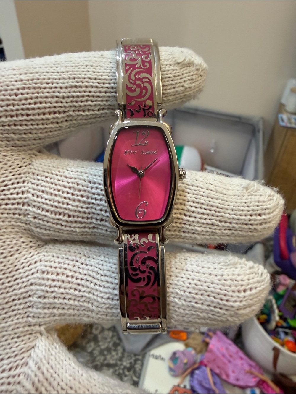 Betsey Johnson BJ4039 Hot Pink Fuchsia Dial Floral Bangle Watch
